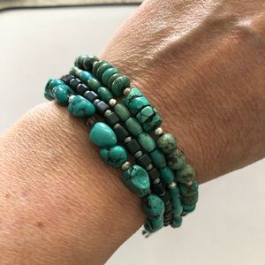 Handmade 4 strand turquoise, crystal beads and silver bracelet